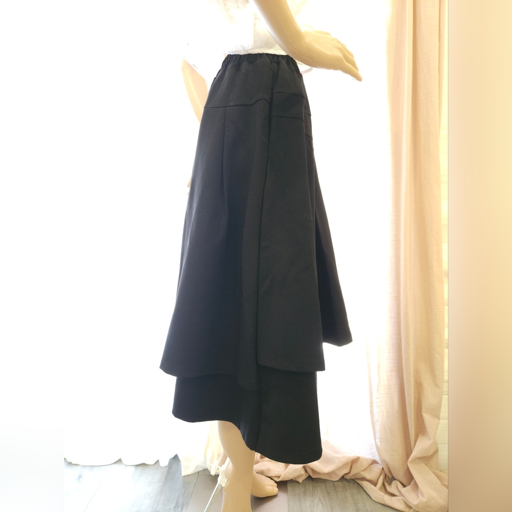 Elegant Black Elastic Waist Asymmetrical Double Layer Ruffled Hem Midi Skirt - Picture 6 of 16